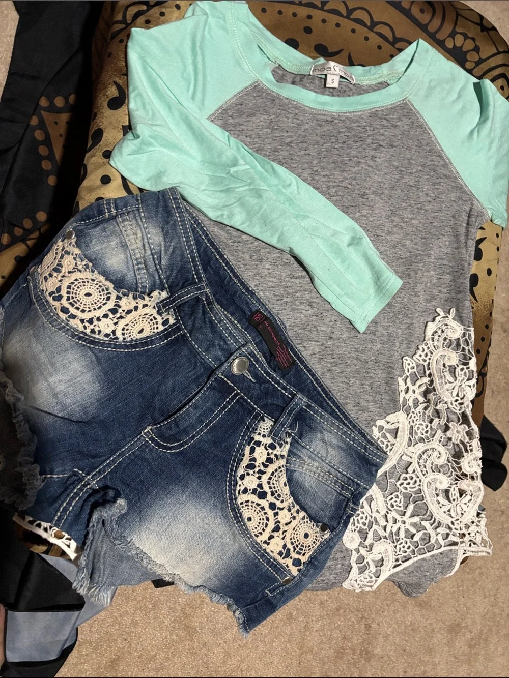 Mint Sleeve Baseball Tee with Grey Body & Lace Accent Shorts